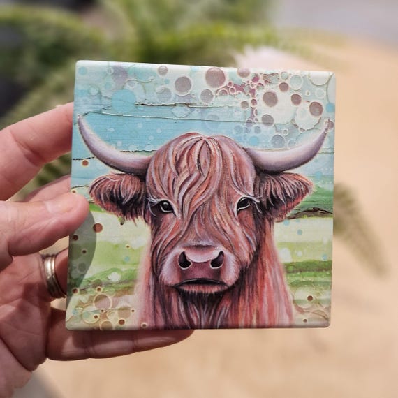 Highland Cow Coaster: Hand-Painted Ceramic with Cork Back