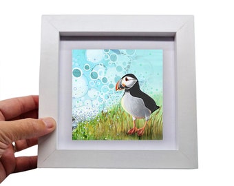 ceramic wall art, mini tile framed art,housewarming,birthday gift,hand painted,home décor,framed picture, puffin,puffin picture,bird picture