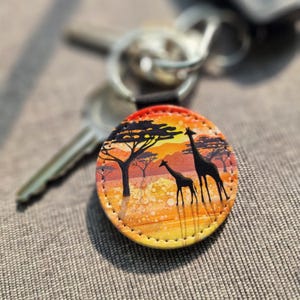 Hand Painted Giraffe Keychain: Faux Leather Africa Animal Keyring