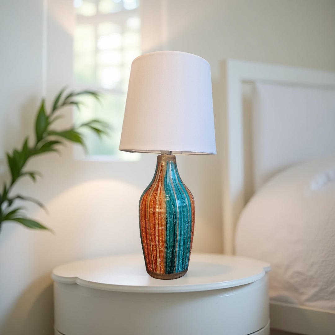 Hand Painted Ceramic Table Lamp: Orange Teal Home Decor