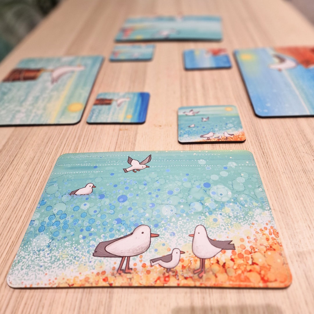 Beach Placemat and Coaster Set, Faux Leather, Set of 4, Set of 6