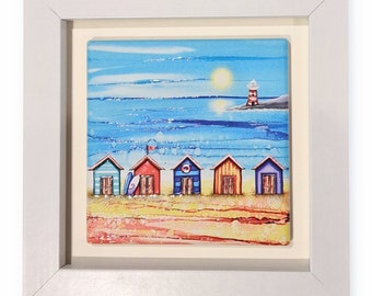 ceramic wall art, mini tile framed art,housewarming,birthday gift,hand painted,home décor,framed picture,beach huts,beach,summer picture