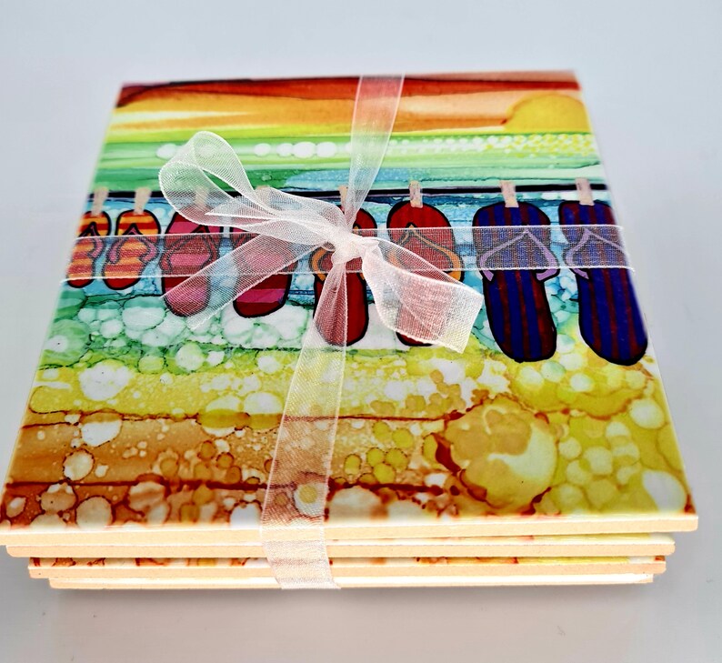 beach decor Ceramic coasters,Set of 4 Coasters,Hand Painted designs,Coffee Tea Coasters,Wine Coasters,Abstract,Housewarming Gift,Home Decor