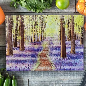 Bluebell Walk Tempered Glass Cutting Board: Spring Scene Worktop Protector