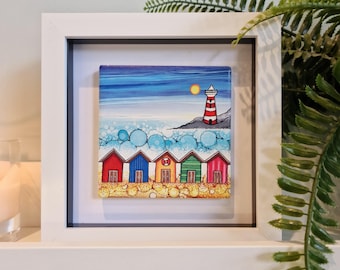 Hand-Painted Beach Huts Mini Framed Art: Coastal Home Decor