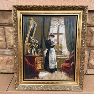Quadros bordados artesanais emoldurados em moldura de madeira feita à mão 63 x 77 antigo