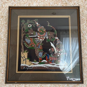 Oprawione dzieło sztuki Obraz Orientalna scena Dekoracja ścienna Ręcznie wykonane dzieło sztuki Vintage 41 x 43 cm