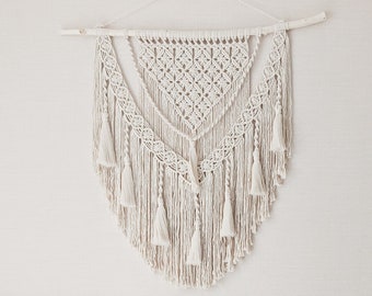 Large Ivory Macrame Wall Hanging Boho Fiber Art Living Room Bedroom, Recycled Cotton Woven Decor Minimalist Handmade Panel Tapestry