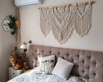 Cabeceira de parede extra grande em macramê, decoração de parede para quarto acima da cama, cenário boho para casamento, tapeçaria tecida em algodão reciclado.