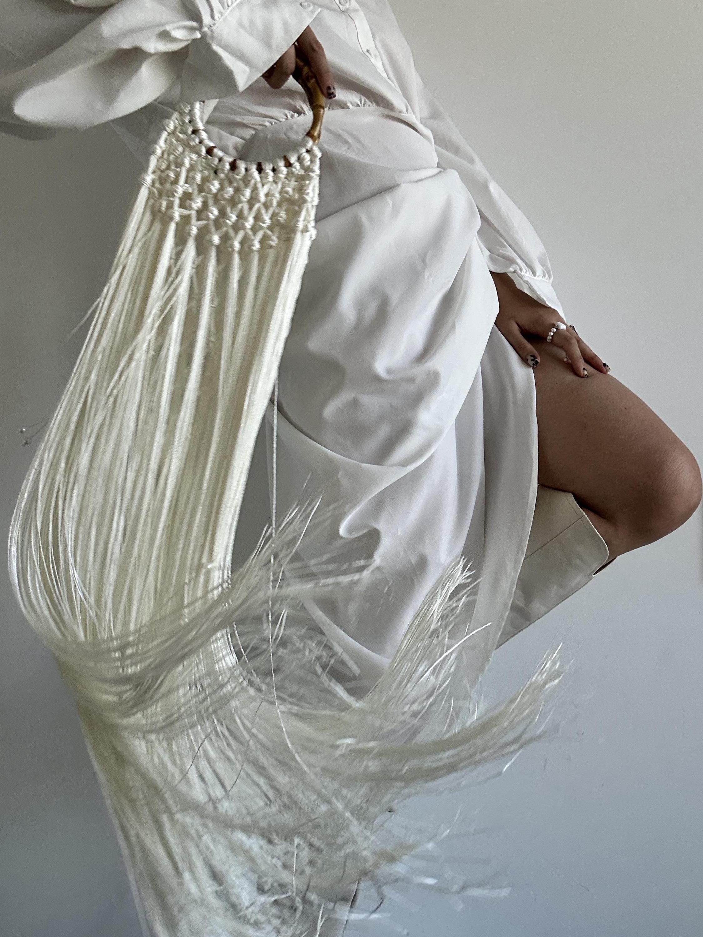 Handcrafted Macrame Fringe Tote, Boho Shoulder Bag, Beaded Handle ...