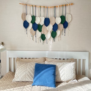 Macrame wall hanging large colorful Leaves macrame wall hanging Green feather bedroom wall decor over the bed Macrame headboard