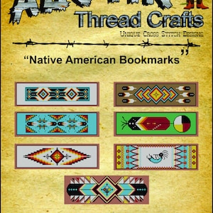 May include: Six colourful Native American bookmark designs for cross stitch. The designs feature geometric patterns, feathers, and traditional symbols. "Native American Bookmarks" and "Available exclusively from SandrasStitchStash.com" are printed on the page.