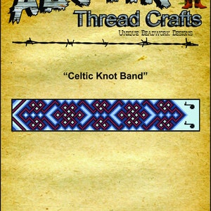 May include: A beaded Celtic knot band pattern in blue, white, and pink colours. The pattern is called "Celtic Knot Band" and is available exclusively from SandrasStitchStash.com. Copyright 2022 Austin ThreadCrafts, Christy Harris. All Rights Reserved. May not be reproduced without permission.