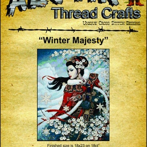 May include: Cross stitch pattern of a woman in a red and blue winter outfit with white flowers and snowflakes. The pattern is titled "Winter Majesty" and is available from SandrasStitchStash.com. The finished size is 18 inches by 23 inches on 18 count fabric.