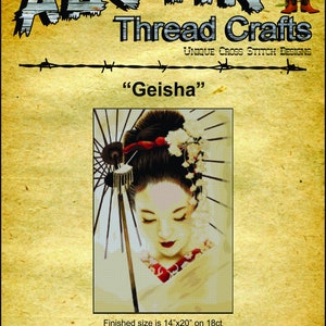 Könnte beinhalten: Kreuzstichmuster einer Geisha mit einem traditionellen japanischen Regenschirm. Das Muster ist 14 Zoll mal 20 Zoll groß und für 18er Aida-Leinwand ausgelegt. Das Muster ist exklusiv bei SandrasStitchStash.com erhältlich.