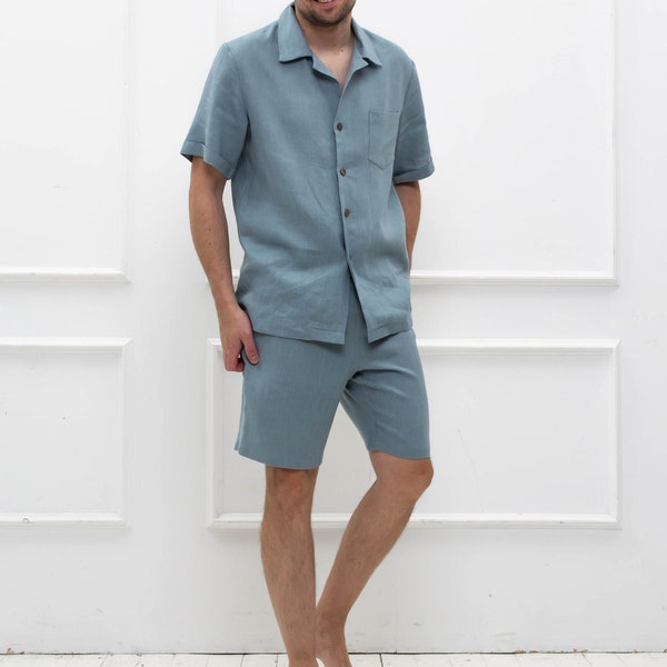 Linen pajama SET for men/ Linen pyjama set/ Linen pjs/ Linen short sleeve shirt/ Linen sleep shorts/ Linen set jacket OCTANS and shorts LYNX