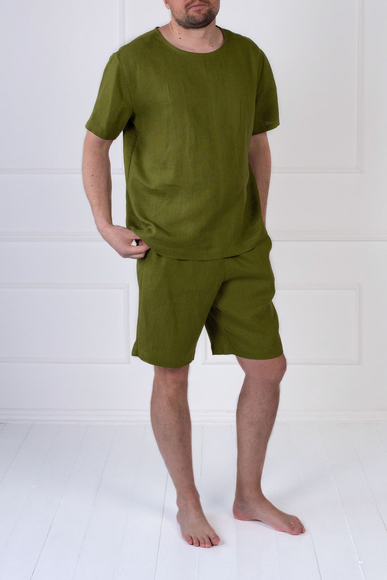 Linen Pajama Set for Men: Short Sleeve Top & Shorts imagem 5
