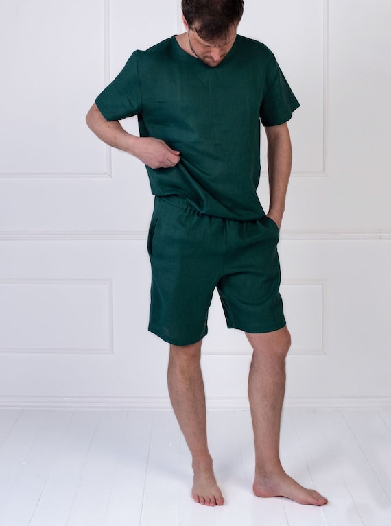 Linen Pajama Set for Men: Short Sleeve Top & Shorts