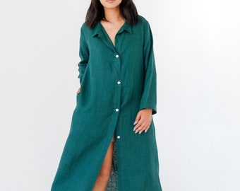 Linen robe with side pockets/ Long linen dressing gown/ Linen bathrobe/ Buttoned linen kaftan gown/ Linen robe with buttons LACERTA