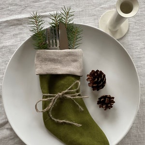 Christmas stocking cutlery holders / Cutlery holders / Christmas stocking / Linen Christmas stocking / Linen stocking / Double layer holders Moss green