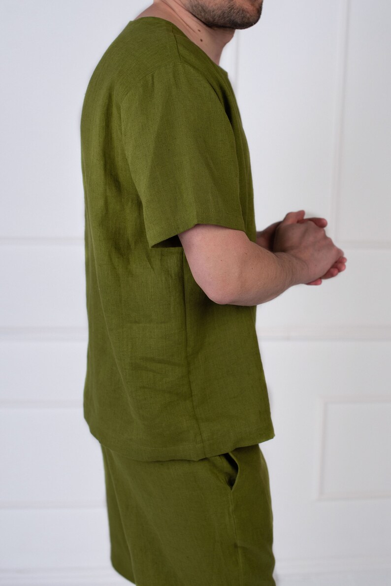 Linen Pajama Set for Men: Short Sleeve Top & Shorts imagem 3