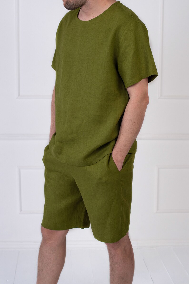 Linen Pajama Set for Men: Short Sleeve Top & Shorts imagem 2