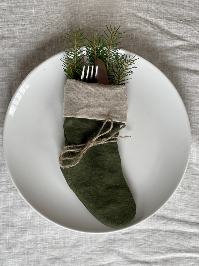 Christmas stocking cutlery holders / Cutlery holders / Christmas stocking / Linen Christmas stocking / Linen stocking / Double layer holders Forest green