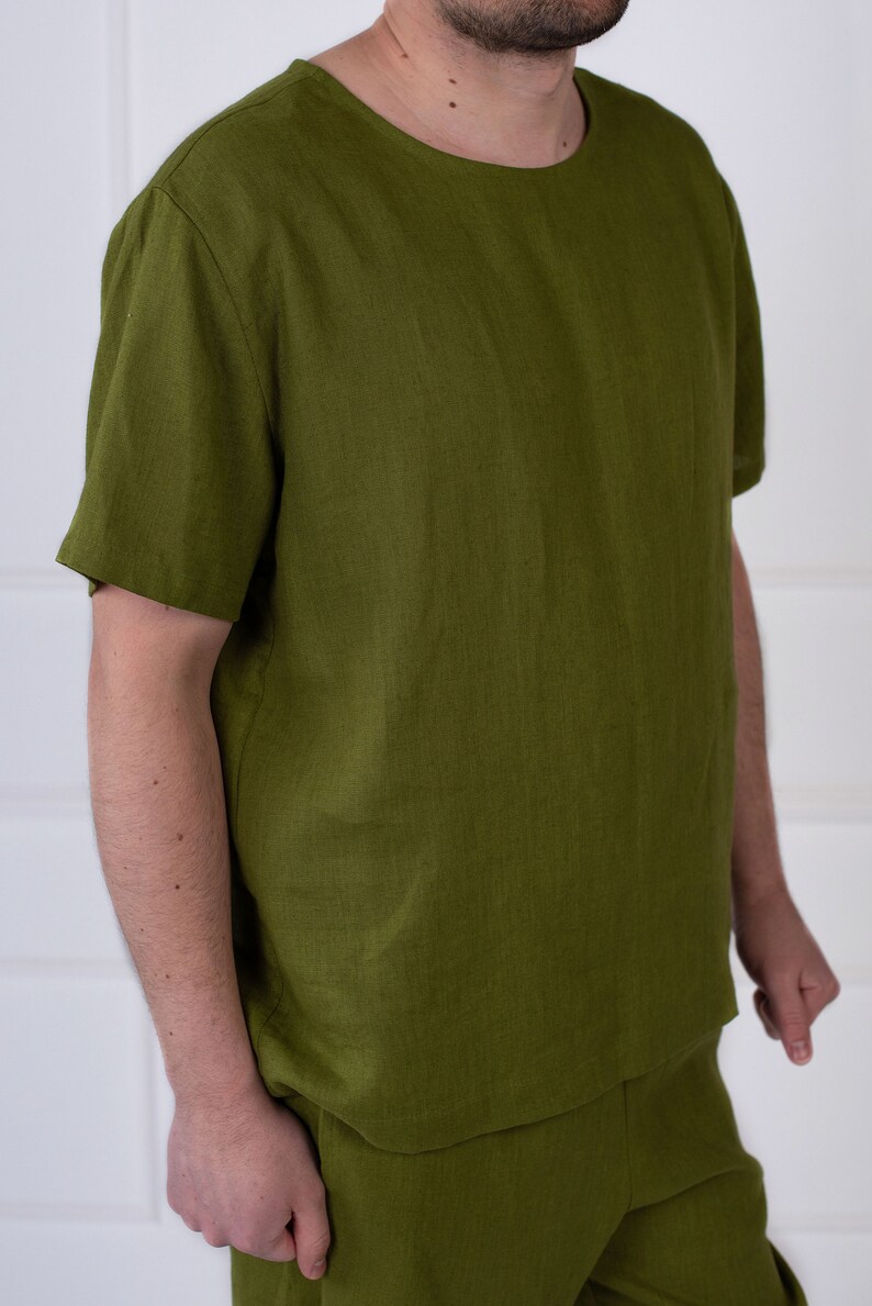 Linen Pajama Set for Men: Short Sleeve Top & Shorts imagem 4
