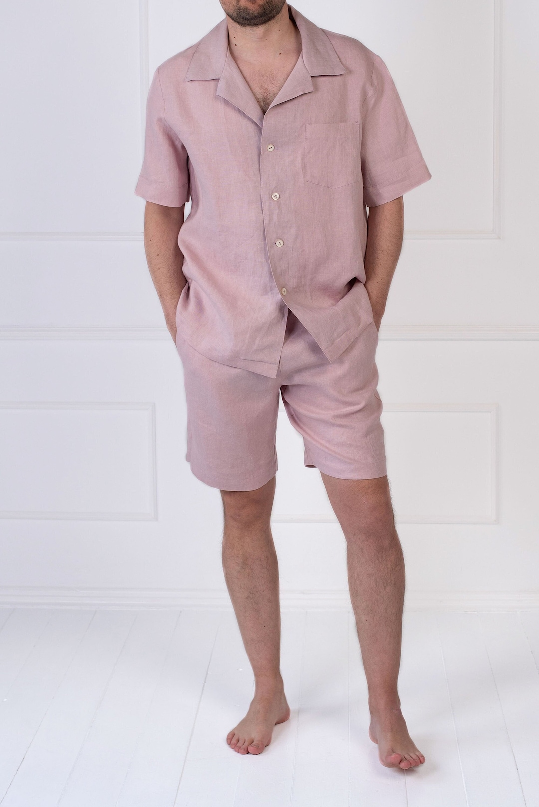 2 Piece Men Summer Sets Linen Cotton Blend 3/4 Sleeves