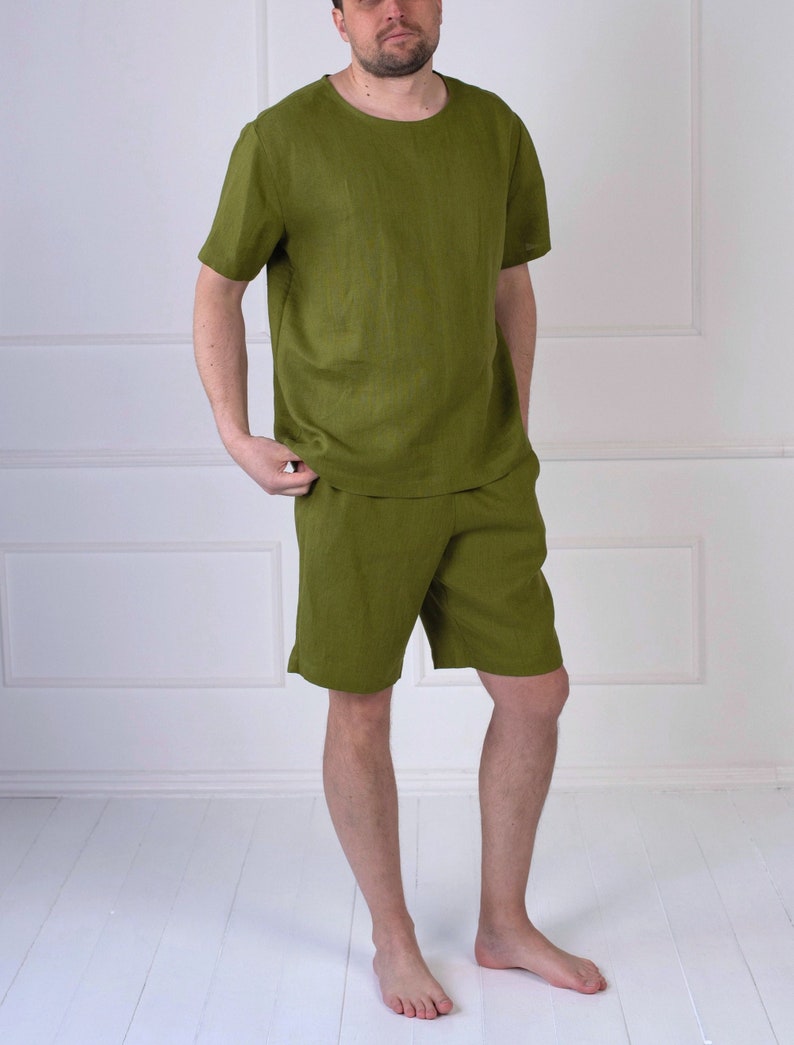Linen Pajama Set for Men: Short Sleeve Top & Shorts imagem 1