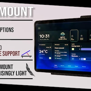 Puede incluir: Una tableta montada en la pared que muestra una interfaz de hogar inteligente. La pantalla muestra la hora, el clima y los controles de automatización del hogar. El texto de la imagen dice "WALL MOUNT", "COLOUR OPTIONS", "WALL MOUNTED TABLE SUPPORT" y "SLIM WALL MOUNT SURPRISINGLY LIGHT".