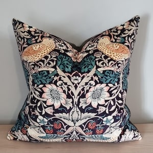 Morris & Co Strawberry Thief Velvet Mulberry Slate Cushion Cover 40x40 cm