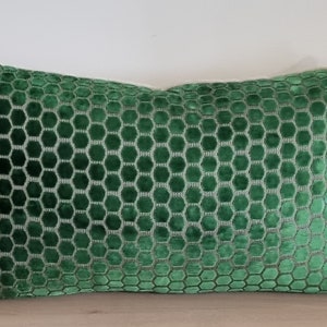 Puede incluir: Una almohada de terciopelo verde con un patrón de panal.