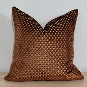 May include: A brown and gold geometric patterned throw pillow. The pillow is made of a soft, velvety fabric.