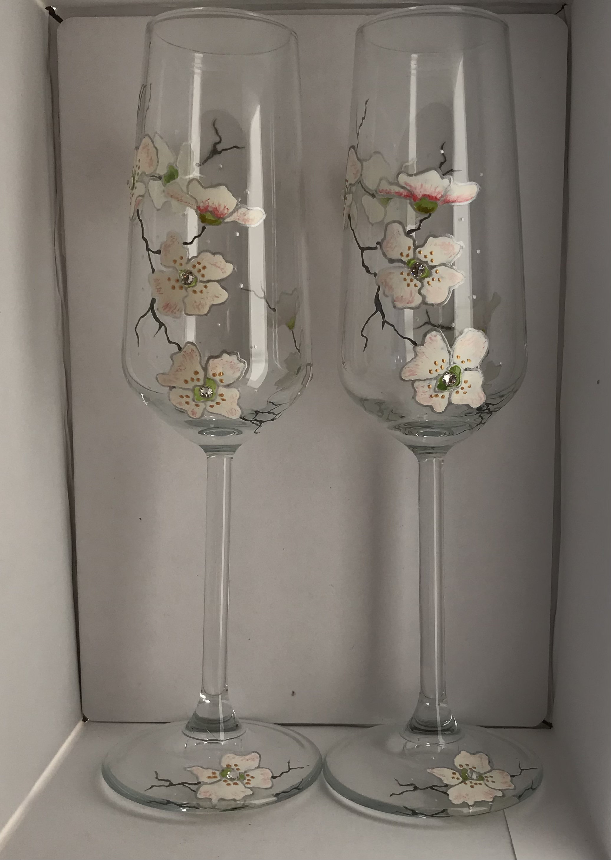Pair of Champagne Flutes, Hand Painted and Embellished With Swarovski