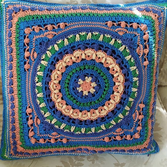 Hand Crocheted Cotton Cushion Cover: Colorful Mandala Design (50cm x 50cm)