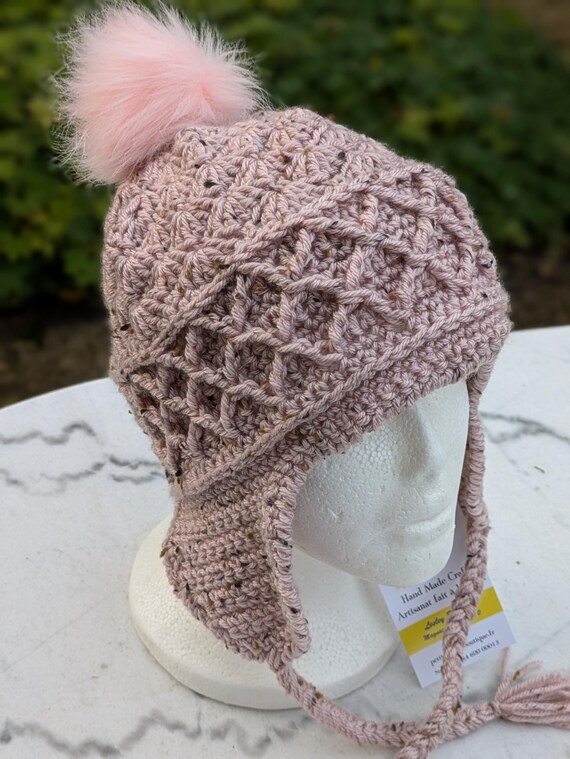 Crocheted Snow Hat: Ladies Pink, Blue or Cream Aran Beanie  display picture 3