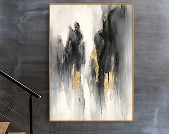 extra stor väggkonst abstrakt, svart målning, guldmålning på duk, vardagsrumsmålning på duk, original abstrakt oljemålning A566
