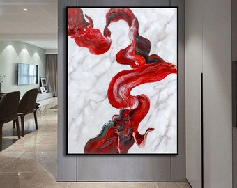 May include: Abstract painting with a white background and red, white, and black brushstrokes. The brushstrokes are thick and flowing, creating a dynamic and energetic composition.