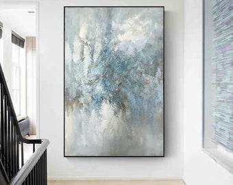 Blue Gray Textured Abstract Canvas Art – Handmade Modern Painting with Soft Layers for Minimalist Home Wall Decor M514