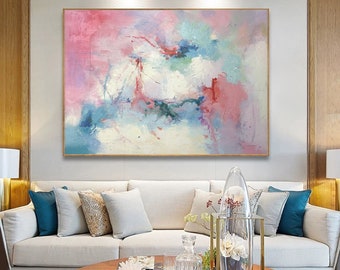 Pintura rosa sobre lienzo, pintura al óleo abstracta original, arte mural de lienzo grande, arte mural abstracto rosa, pintura texturizada sobre lienzo A497