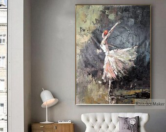 May include: Abstract painting of a ballerina in a white tutu with a pink and green background. The painting is done in a textured style with visible brushstrokes.