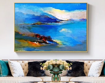 blue painting abstract, large canvas art, seascape painting on canvas, large abstract wall art canvas, contemporary abstract painting A439