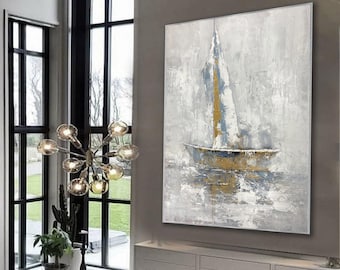 Pintura abstrata original de veleiro | Arte náutica de parede feita à mão em tons de cinza, azul e dourado A547