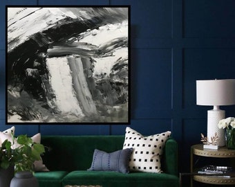 Arte mural original, pintura en blanco y negro sobre lienzo, arte abstracto extragrande, pintura abstracta original, arte mural de gran tamaño A109