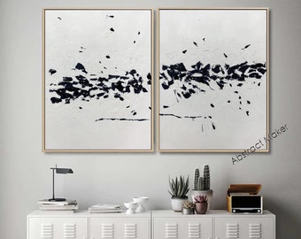 set of 2 wall art, black and white painting on canvas, original abstract painting, extra large wall art, handmade abstract art painting A732