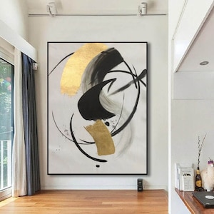 gold leaf painting on canvas original, large abstract canvas art, modern abstract painting on canvas, black and white wall art abstract M337