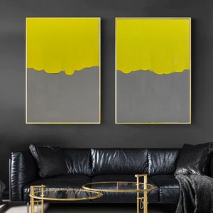 original abstract oil painting, large canvas wall art, yellow painting on canvas, gray abstract art, textured wall art set painting A643