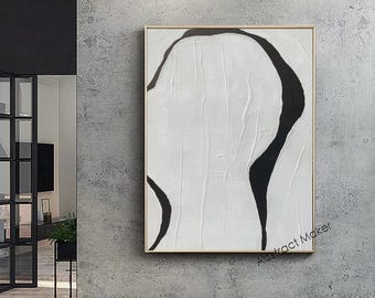 Original Minimalist Black and White Abstract Painting – Handmade Textured Art for Modern Interiors A763