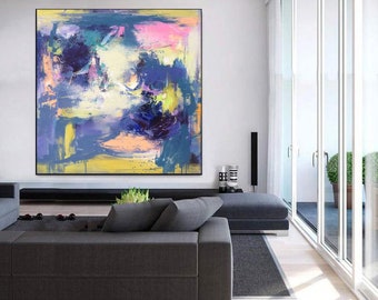 large canvas art, modern abstract wall art, original abstract painting, blue abstract painting on canvas, oversized wall art abstract L612